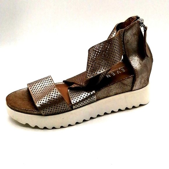 Steven Womens Klein Strappy Sandal Gold Leather‎ Perforated Back Zip Wedge 6M - Picture 1 of 9